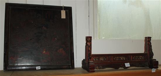 A Chinese lacquered wood table screen, 19th century, 67 x 58.5cm, numerous losses and fading to lacquer